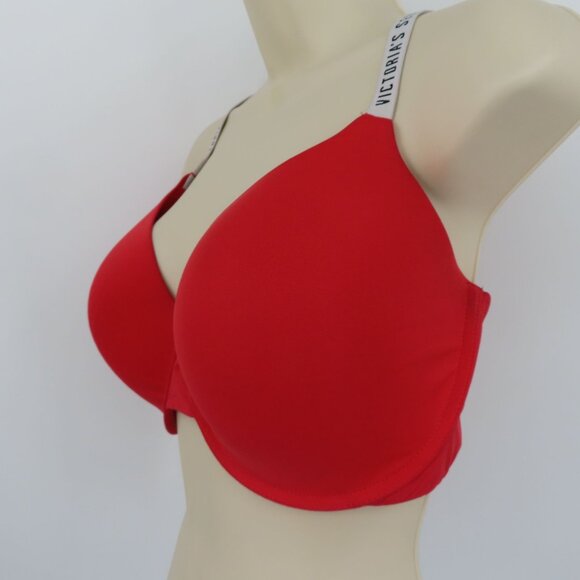 Victorias Secret 38DDD T Shirt Lightly Lined Demi Bra Red Underwire Logo Straps - Picture 4 of 16